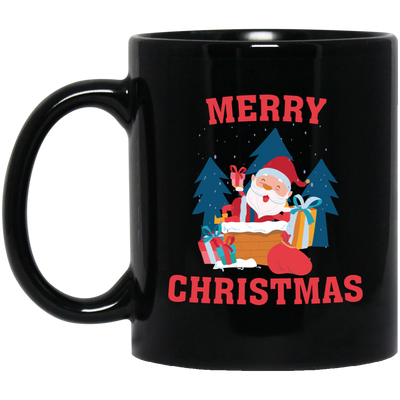 Cute Santa, Happy Santa, Funny Santa, Santa With Gift, Merry Christmas, Trendy Christmas Black Mug