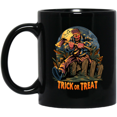 Trick Or Treat, Man Hold Axe, Halloween Night Black Mug