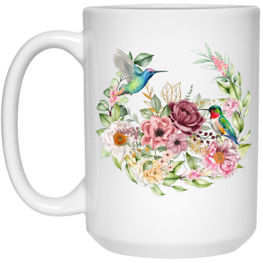 Hummingbird With Flower, Love Hummingbird, Beautiful Flowers White Mug