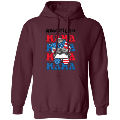 American Mama, Mother's Day, American Messy Bun Pullover Hoodie