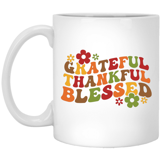 Grateful, Thankful, Blessed, Thanksgiving, Fall Season White Mug