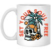Set Your Soul Free, Cool Skull, Palm Tree On The Beach White Mug