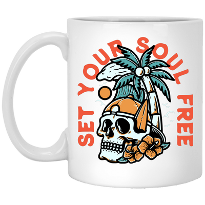 Set Your Soul Free, Cool Skull, Palm Tree On The Beach White Mug