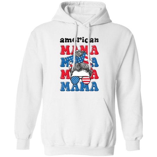 American Mama, Mother's Day, American Messy Bun Pullover Hoodie