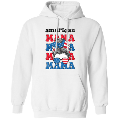 American Mama, Mother's Day, American Messy Bun Pullover Hoodie