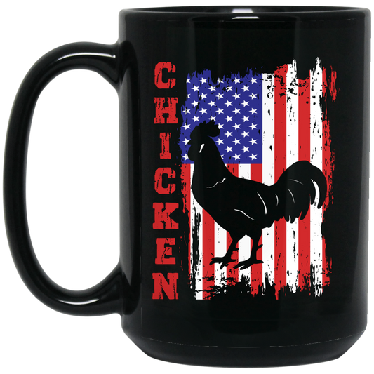 Chicken Silhouette, American Chicken, American Flag Black Mug