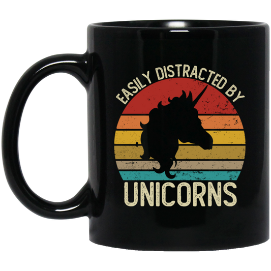 Easily Distracted, By Unicorns, Vintage Unicorns Black Mug