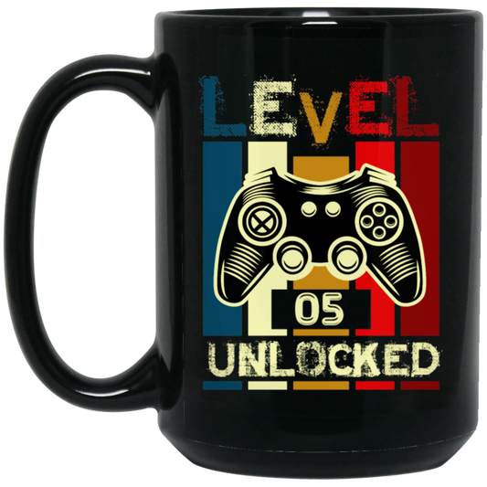 Gamer Love Gift, Level 5 Unlocked, Retro Style For 5th Birthday, Love 5th Black Mug