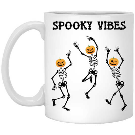 Spooky Vibes, Dancing Skeleton, Happy Halloween White Mug