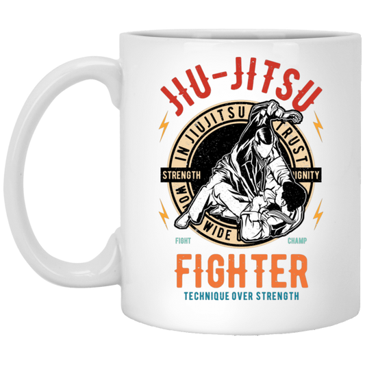 In Jiu Jitsu We Trust World Wide, Fighter Strength, Dignity Champ, Fighter Technique, Strength Combat Sport White Mug