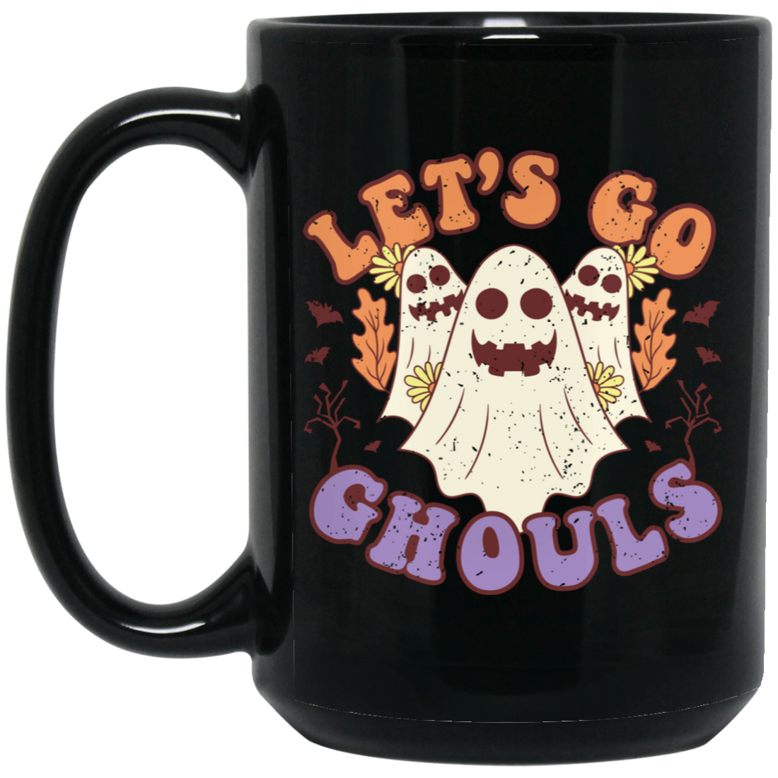 Let's Go Ghouls, 3 Boos, Funny Boo, Groovy Halloween Black Mug