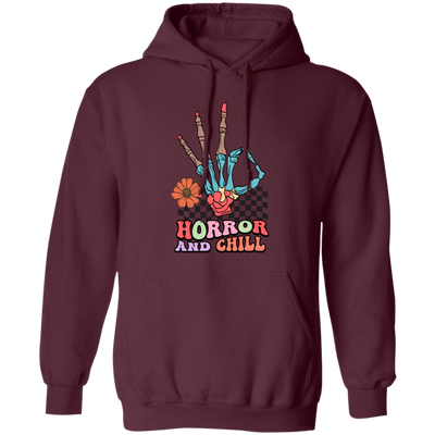 Horror And Chill, Skeleton Hand, Okay Sign, Groovy Skeleton Pullover Hoodie