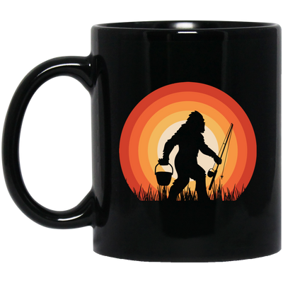 Big Foot Silhouette, Retro Big Foot, Big Foot Fishing Black Mug