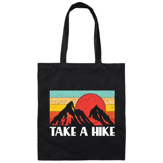 Sunset Two Mountain, Take A Hike Retro, Vintage Climbing, Vintage Style Canvas Tote Bag