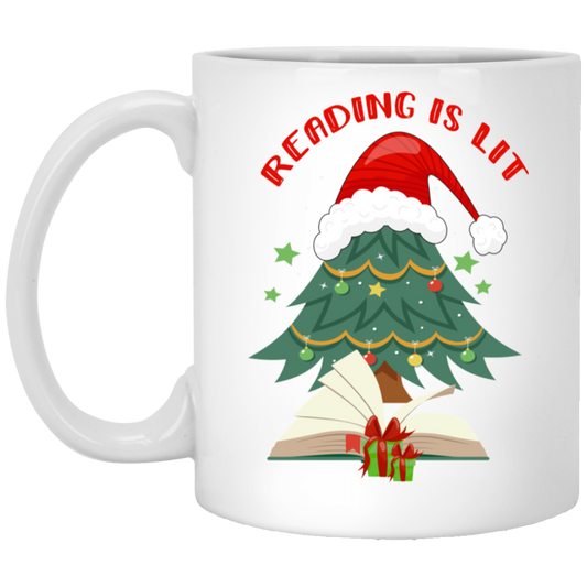 Reading Is Lit, Christmas Tree, Christmas Book, Merry Christmas, Trendy Christmas White Mug