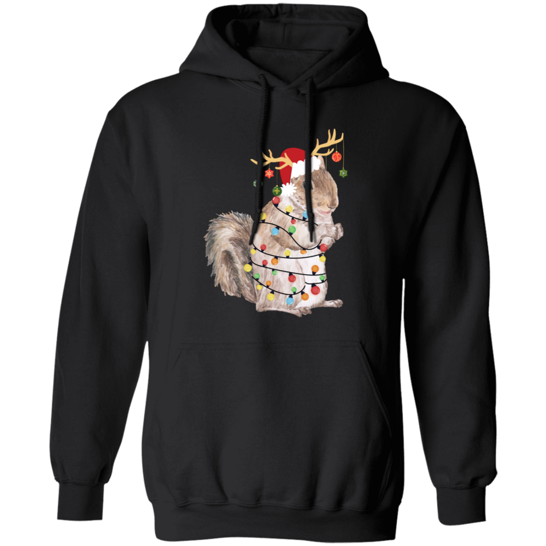 This Squirrel Christmas Pullover Hoodie is perfect for your holiday celebrations! It features a fun design with 'Merry Christmas' and Christmas lights, all with a funny squirrel in the middle. Made of lightweight yet warm material, it's a great piece to add to your winter wardrobe.