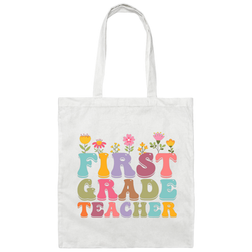 First Grade Teacher, Teacher, Groovy Style, Flower, Nursery Design Canvas Tote Bag