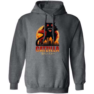 Catzilla In Tokyo City, Horror Cat, Black Cat, Angry Cat Pullover Hoodie