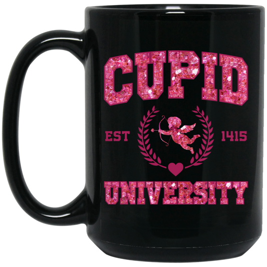 Cupid University, Est 1415, Pink Glitter Cupid, Glitter Valentine, Valentine's Day, Trendy Valentine Black Mug