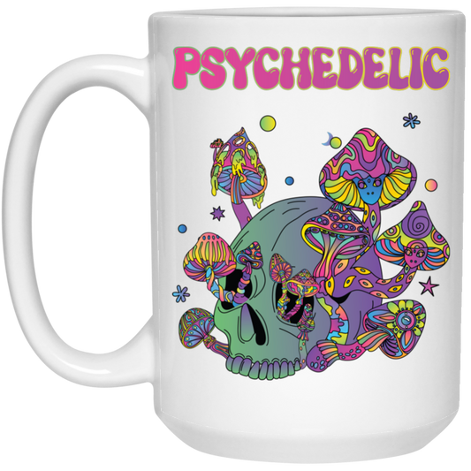 Psychedelic, Magic Mushroom, Mushroom And Skull Psycho White Mug