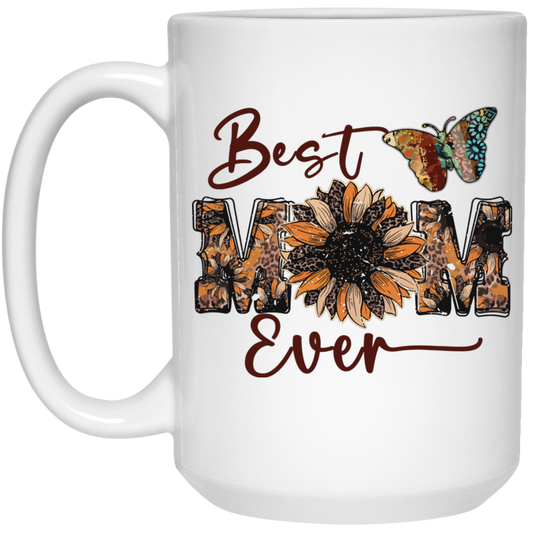 Best Mom Ever, Mother's Day, Sunflower Mom, Butterfly White Mug