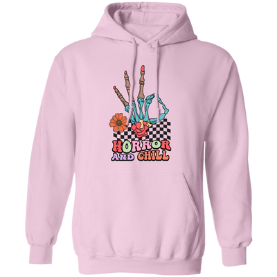 Horror And Chill, Skeleton Hand, Okay Sign, Groovy Skeleton Pullover Hoodie