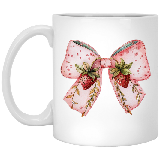 Pink Bow, Strawberry Lover, Strawberries Bow, Xmas Gift White Mug