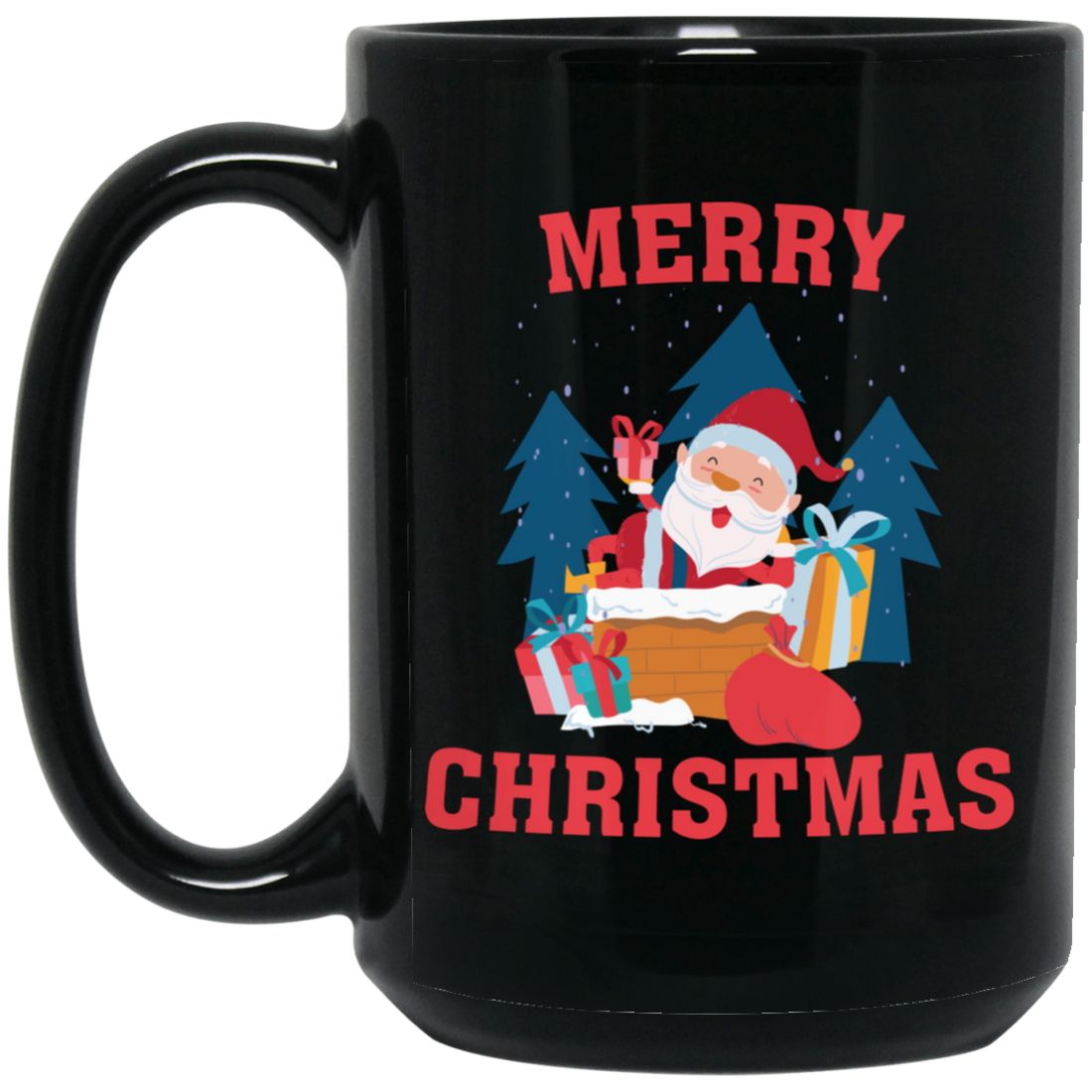 Cute Santa, Happy Santa, Funny Santa, Santa With Gift, Merry Christmas, Trendy Christmas Black Mug