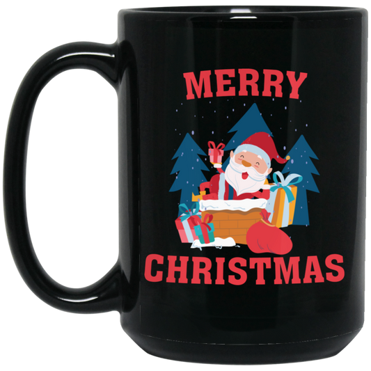 Cute Santa, Happy Santa, Funny Santa, Santa With Gift, Merry Christmas, Trendy Christmas Black Mug