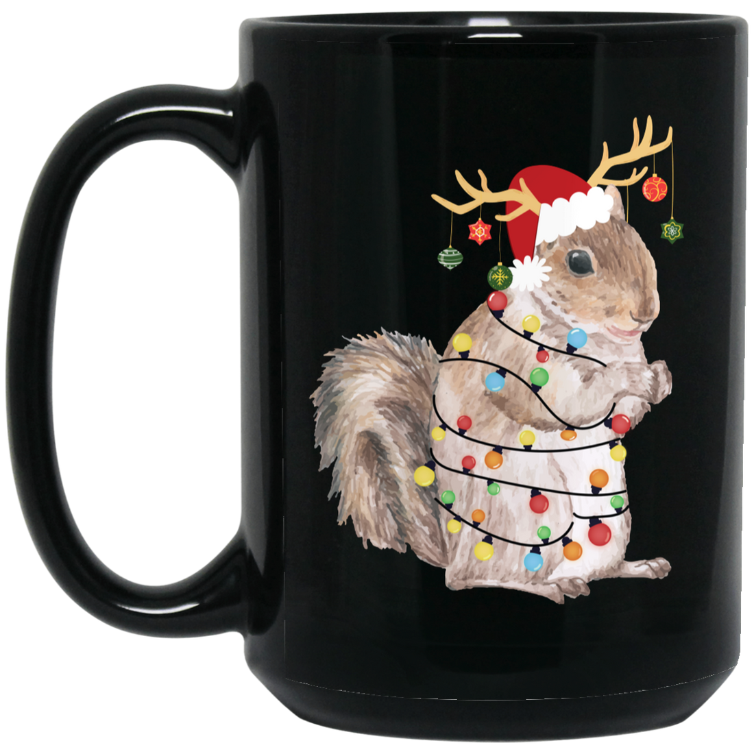 Squirrel Christmas, Merry Christmas, Christmas Lights, Funny Squirrel Black Mug
