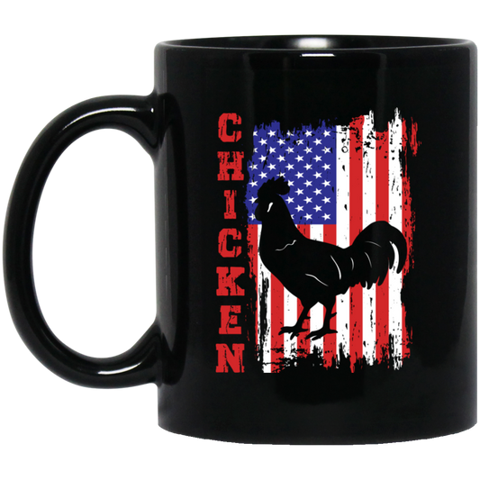 Chicken Silhouette, American Chicken, American Flag Black Mug