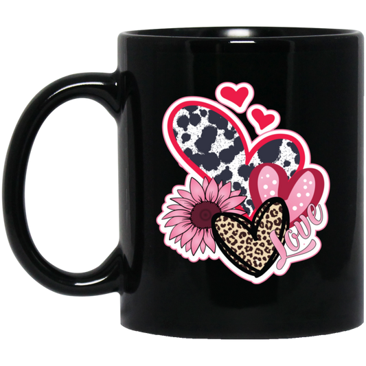 Love Heart, Valentine Heart, Pink Heart, Pink Sunflower, Leopard Heart Black Mug