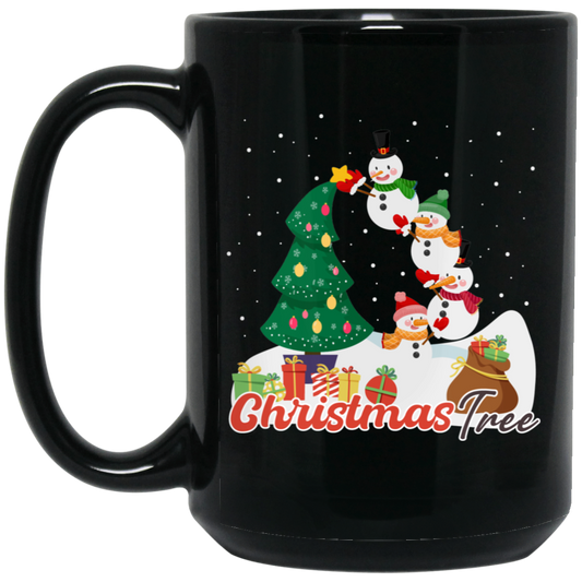 Christmas Tree, Snowman Build Xmas Tree, Snowman Family, Merry Christmas, Trendy Christmas Black Mug