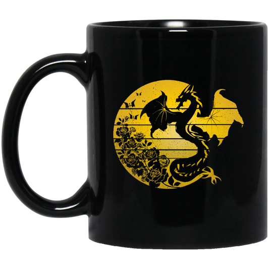 Dragon Flowers Vintage, Gold Dragon, Love Dragon, Flower In Circle Black Mug