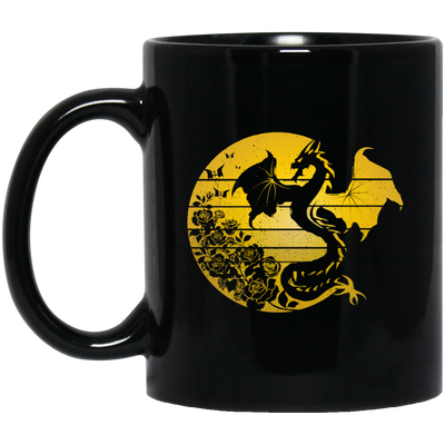 Dragon Flowers Vintage, Gold Dragon, Love Dragon, Flower In Circle Black Mug