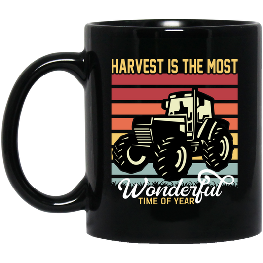 Harvest Is The Most Wondeful Time Of Year, Retro Farmer Black Mug