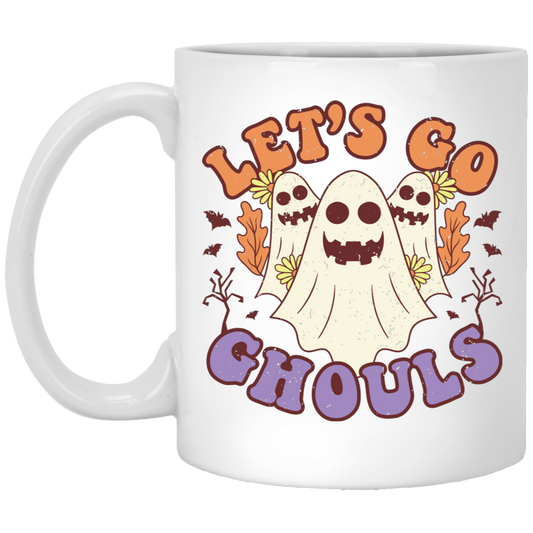 Let's Go Ghouls, 3 Boos, Funny Boo, Groovy Halloween White Mug