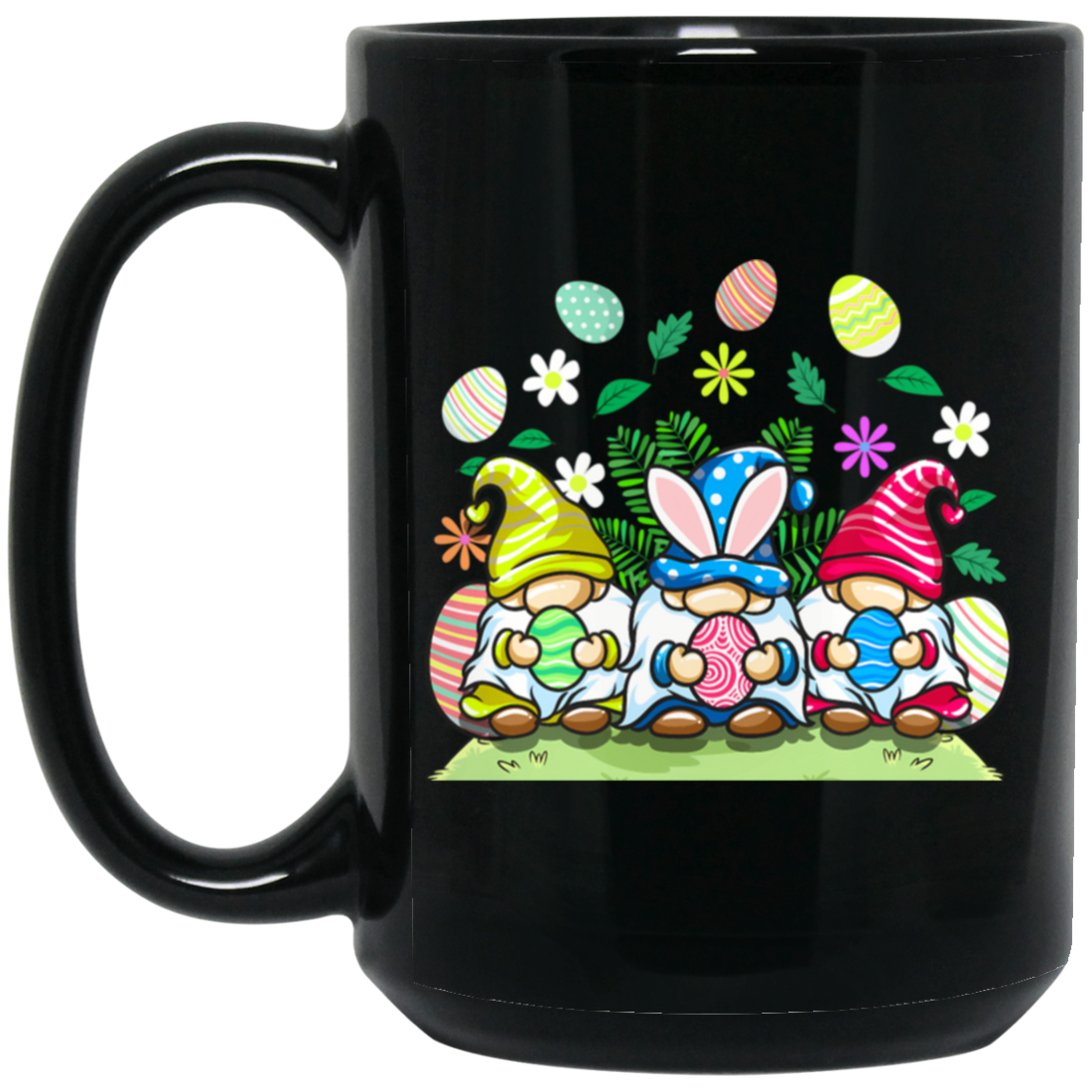 Cute Easter, Funny Easter, Easter Gnome Hold Egg, Easter Black Mug