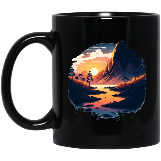 Simple Picture Of Sunset With Rock And River, Best Landscape Gift Black Mug