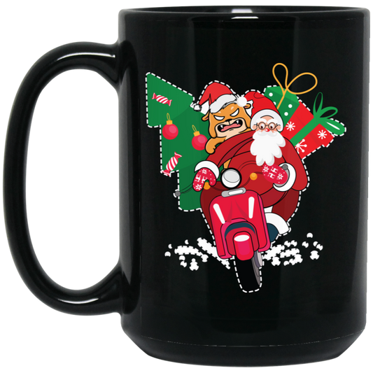 Santa With Angry Dog, Santa Ride Motorbike, Love Christmas, Merry Christmas, Trendy Christmas Black Mug