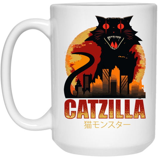 Catzilla In Tokyo City, Horror Cat, Black Cat, Angry Cat White Mug