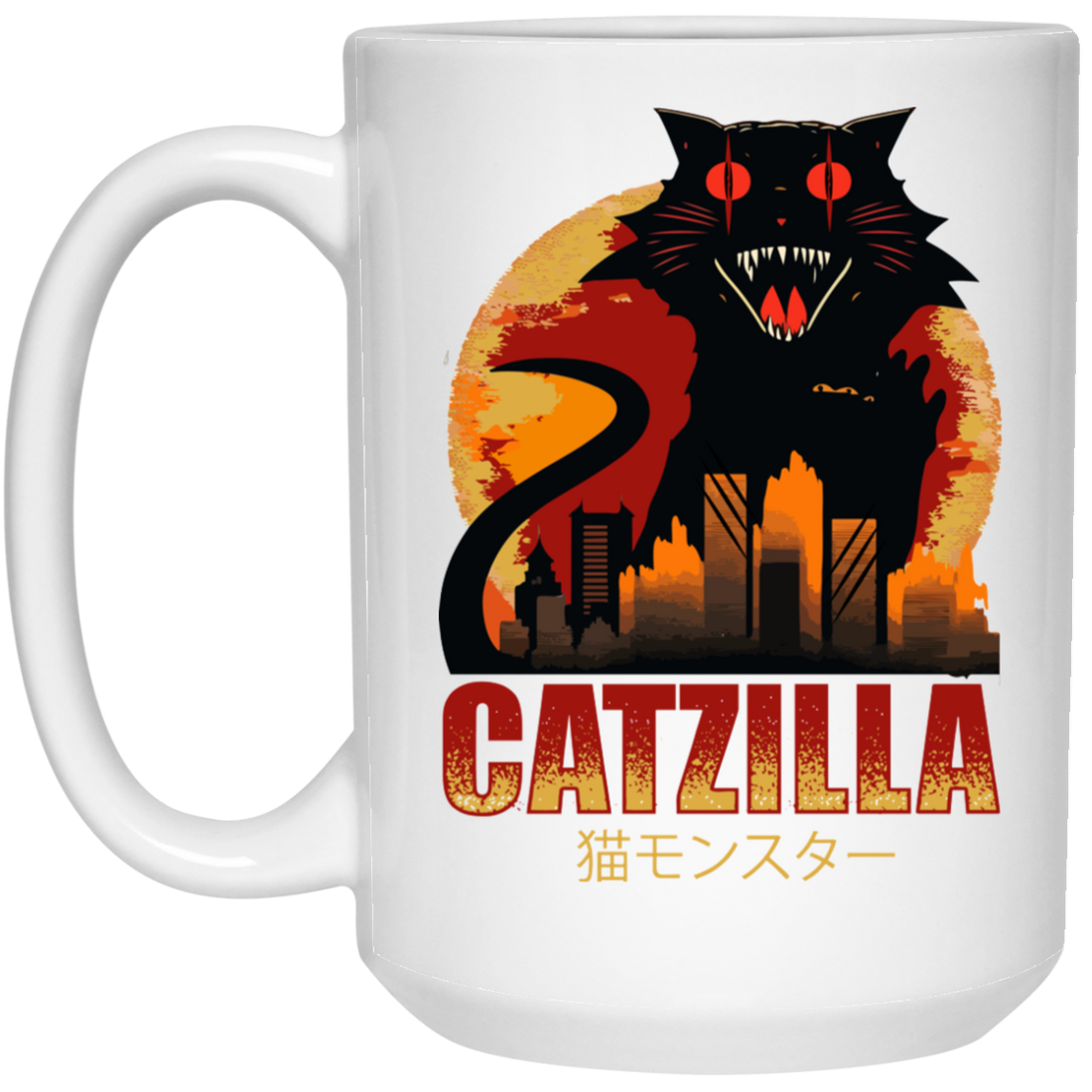 Catzilla In Tokyo City, Horror Cat, Black Cat, Angry Cat White Mug