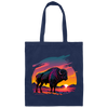 A Bison In Front Of The Sunset, Neon Style, Smooth Lines, Best Of Cow Canvas Tote Bag