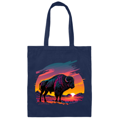 A Bison In Front Of The Sunset, Neon Style, Smooth Lines, Best Of Cow Canvas Tote Bag