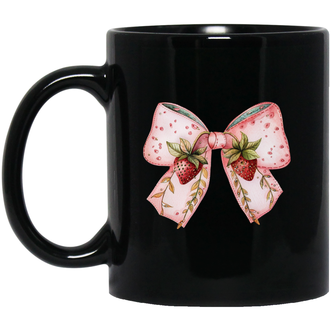 Pink Bow, Strawberry Lover, Strawberries Bow, Xmas Gift Black Mug