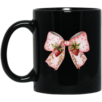 Pink Bow, Strawberry Lover, Strawberries Bow, Xmas Gift Black Mug