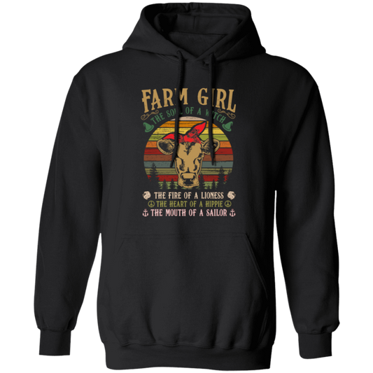 Farm Girl, Cute Cow Retro Gift, The Soul Of A Witch, Vintage Cow Pullover Hoodie