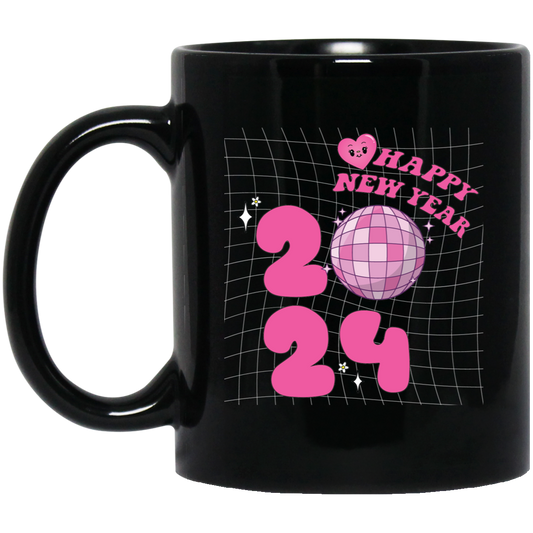 Happy New Year, 2024 New Year, Pink Bauble, Trendy New Year, Merry Christmas, Trendy Christmas Black Mug