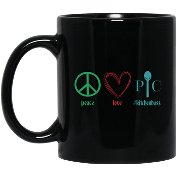 Peace Love Kitchen Boss, Kitchenboss, Love Chef, Pampered Chef Black Mug