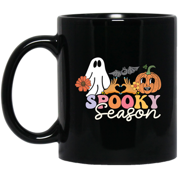 Spooky Season, Groovy Halloween, Boo And Bat Black Mug